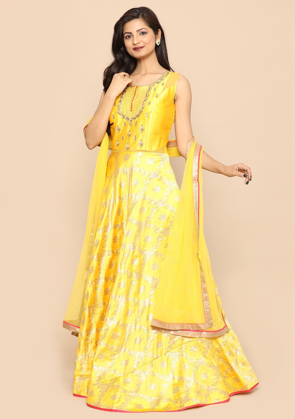 Yellow Zari Work Silk Designer Gown-Koskii
