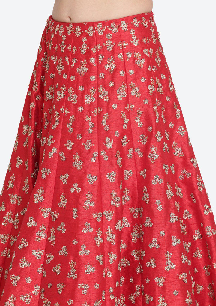 Red Sequinned Raw Silk Designer Lehenga-Koskii