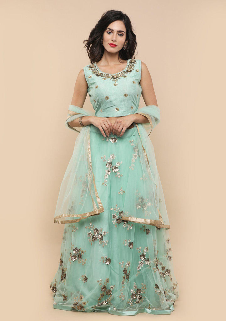 Pista Green Floral Net Designer Lehenga-Koskii