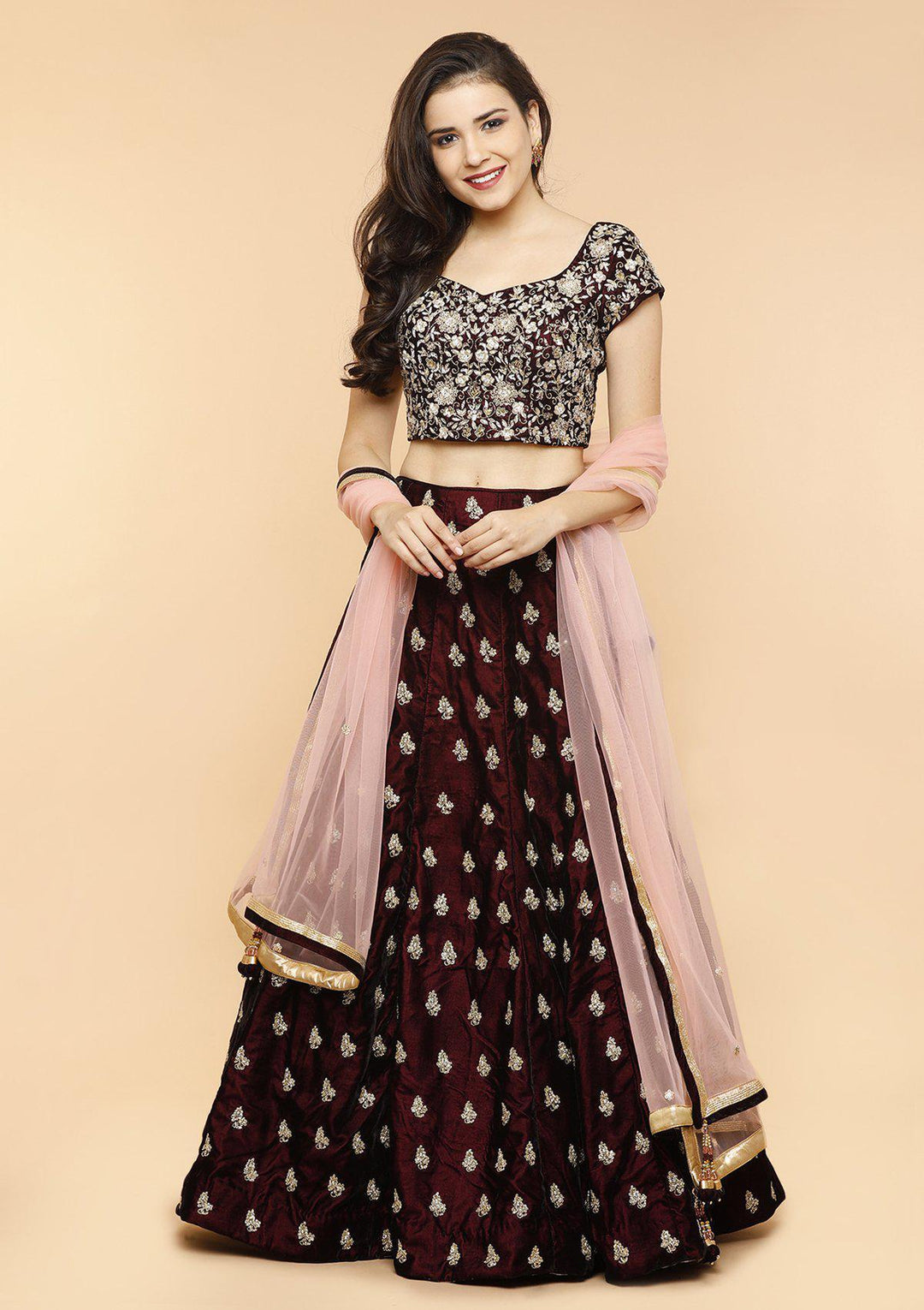 Wine and Gold Velvet Designer Lehenga-Koskii