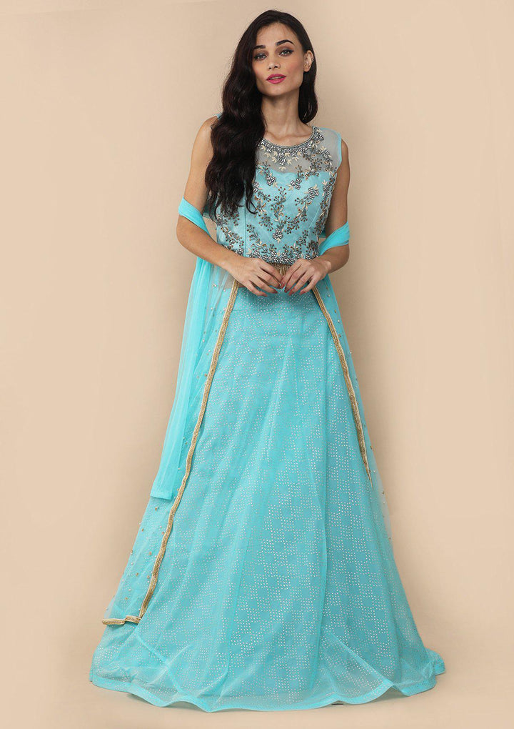 Sky Blue Bead Work Silk Designer Lehenga-Koskii