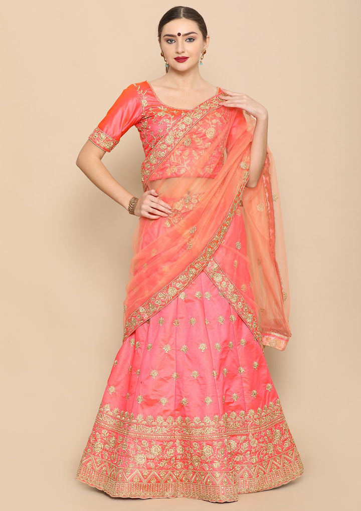 Orange Zari Work Taffeta Silk Designer Lehenga-Koskii