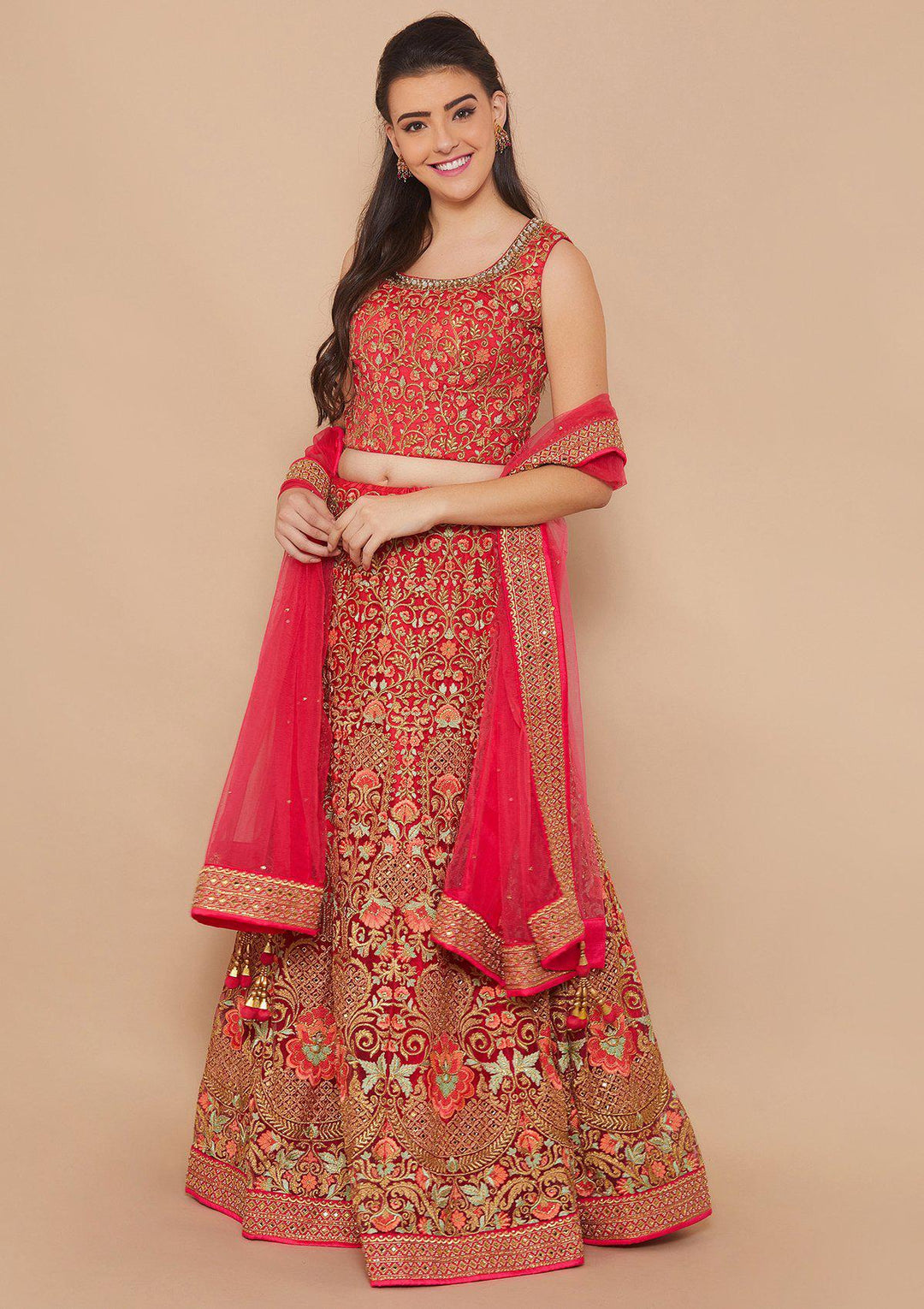 Rani Pink Zari-Work Net Designer Lehenga-Koskii