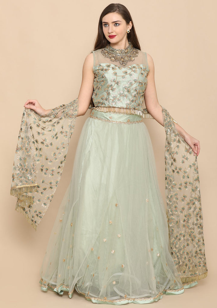 Green Zari Work Net Designer Lehenga-Koskii