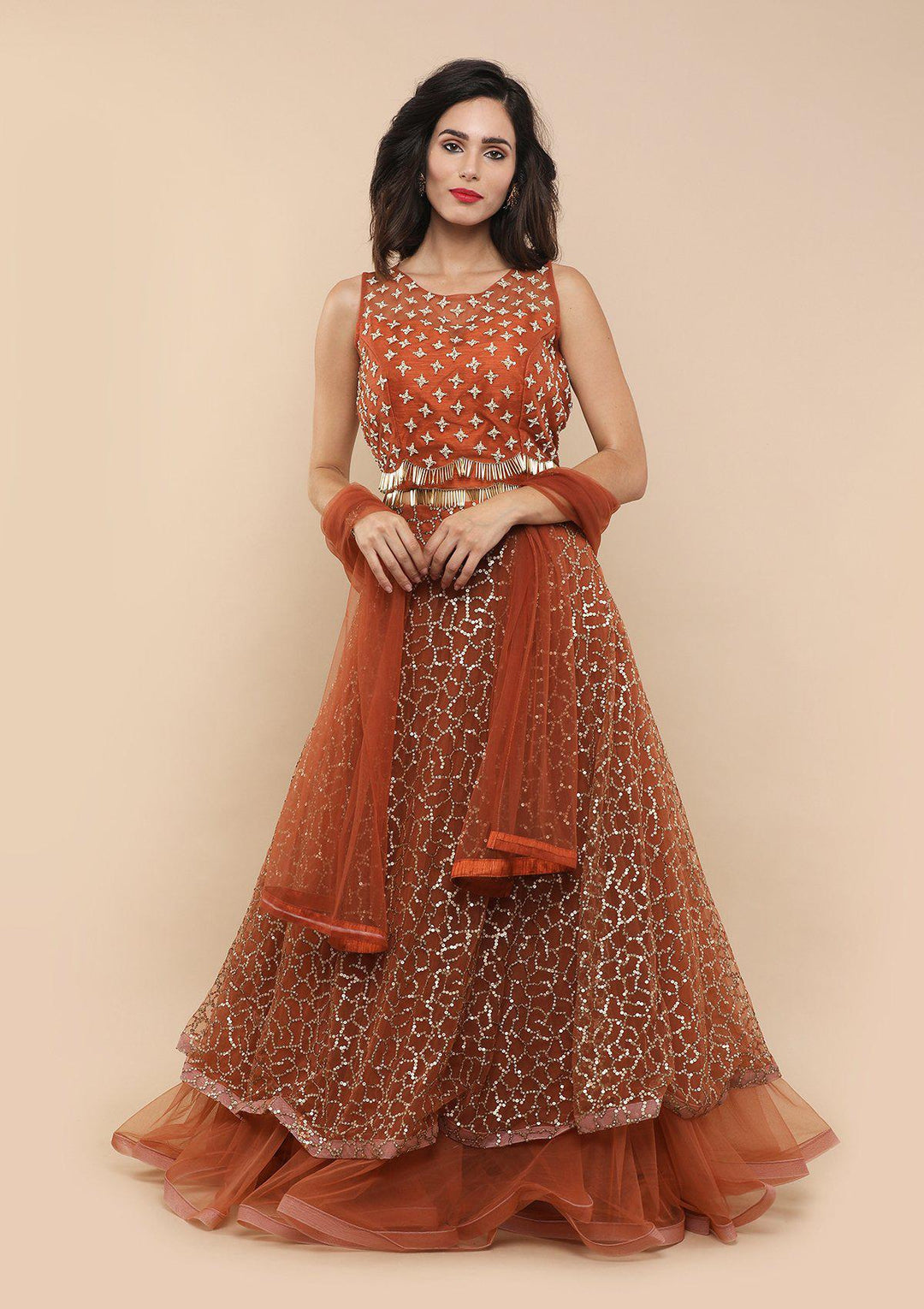 Rusty Orange Sequinned Silk Designer Lehenga-Koskii