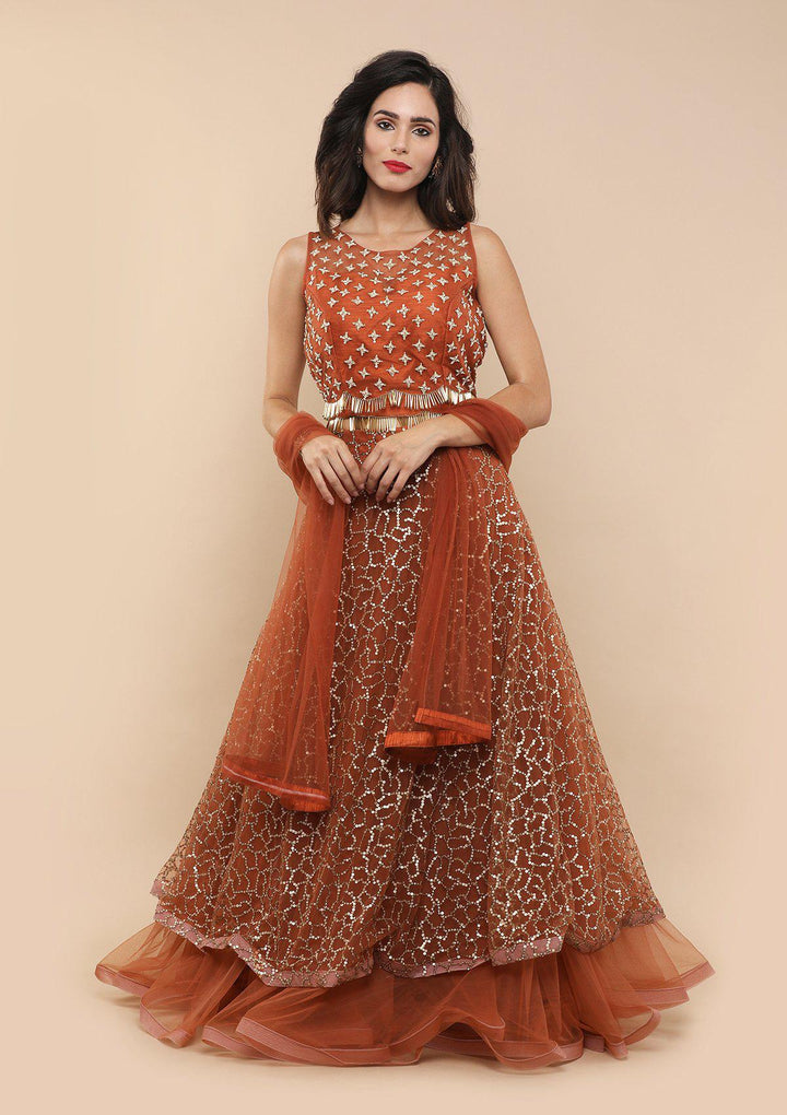 Rusty Orange Sequinned Silk Designer Lehenga-Koskii