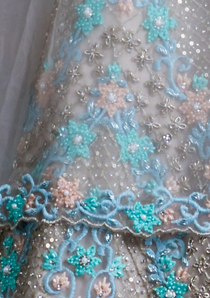 Beige Threadwork Net Designer Lehenga-Koskii