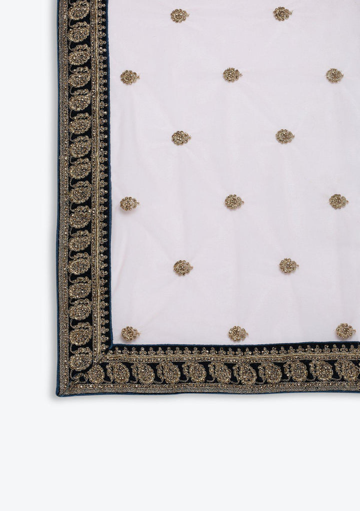 Peacock Blue Stonework Velvet Designer Lehenga-Koskii