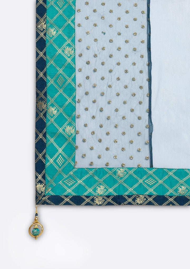Turquoise Blue Zardosi Rawsilk Designer Lehenga-Koskii