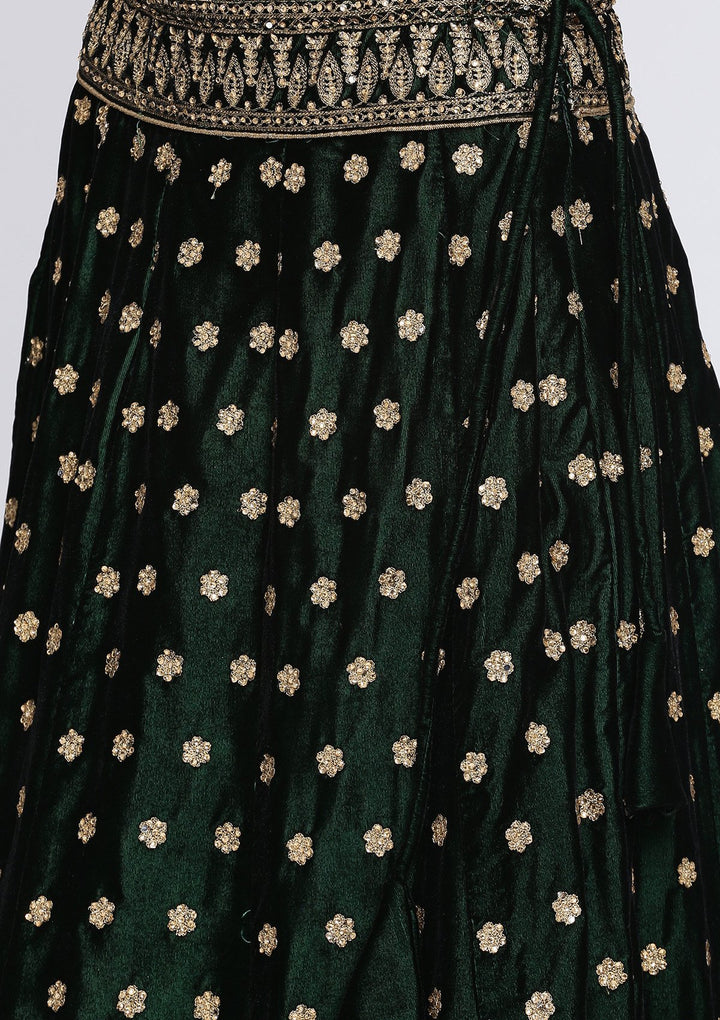 Bottle Green Zariwork Velvet Designer Lehenga-Koskii