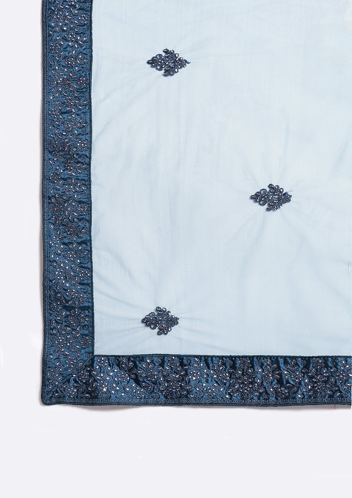 Peacock Blue Thread Work Net Designer Lehenga-Koskii