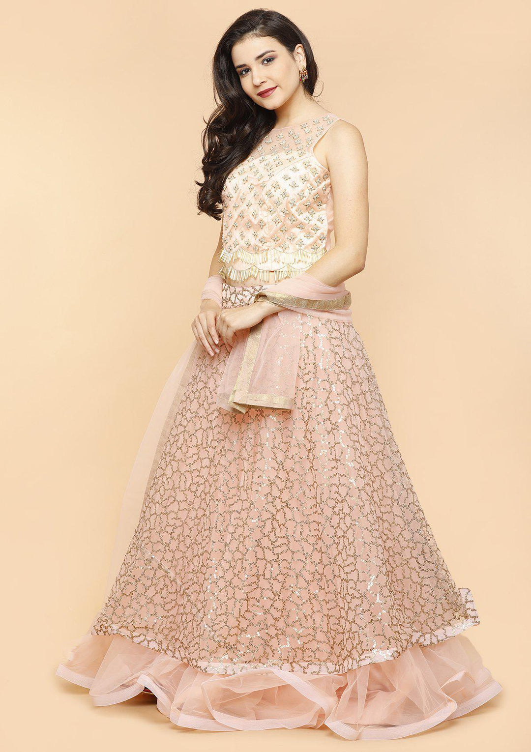 Koskii Soft Peach Sequinned Lehenga-Koskii