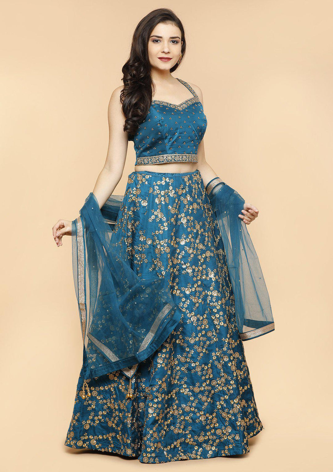 KOSKII PEACOCK GREEN SEQUINED LEHENGA-Koskii