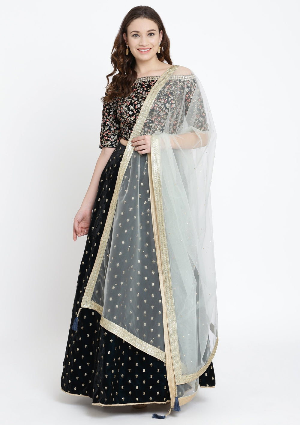 Peacock Blue Sequinned Velvet Designer Lehenga-Koskii