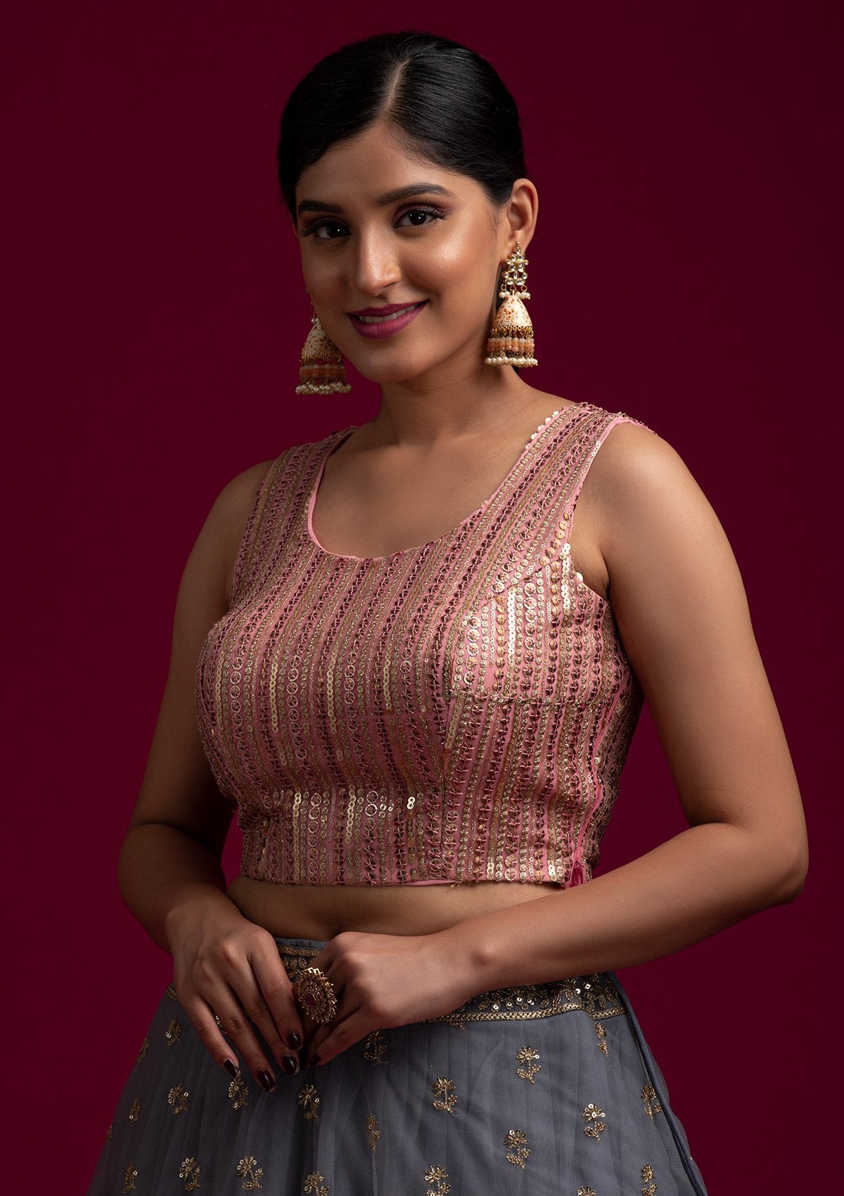 Baby Pink Sequins Net Designer Blouse - koskii