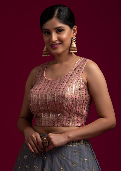 Baby Pink Sequins Net Designer Blouse - koskii