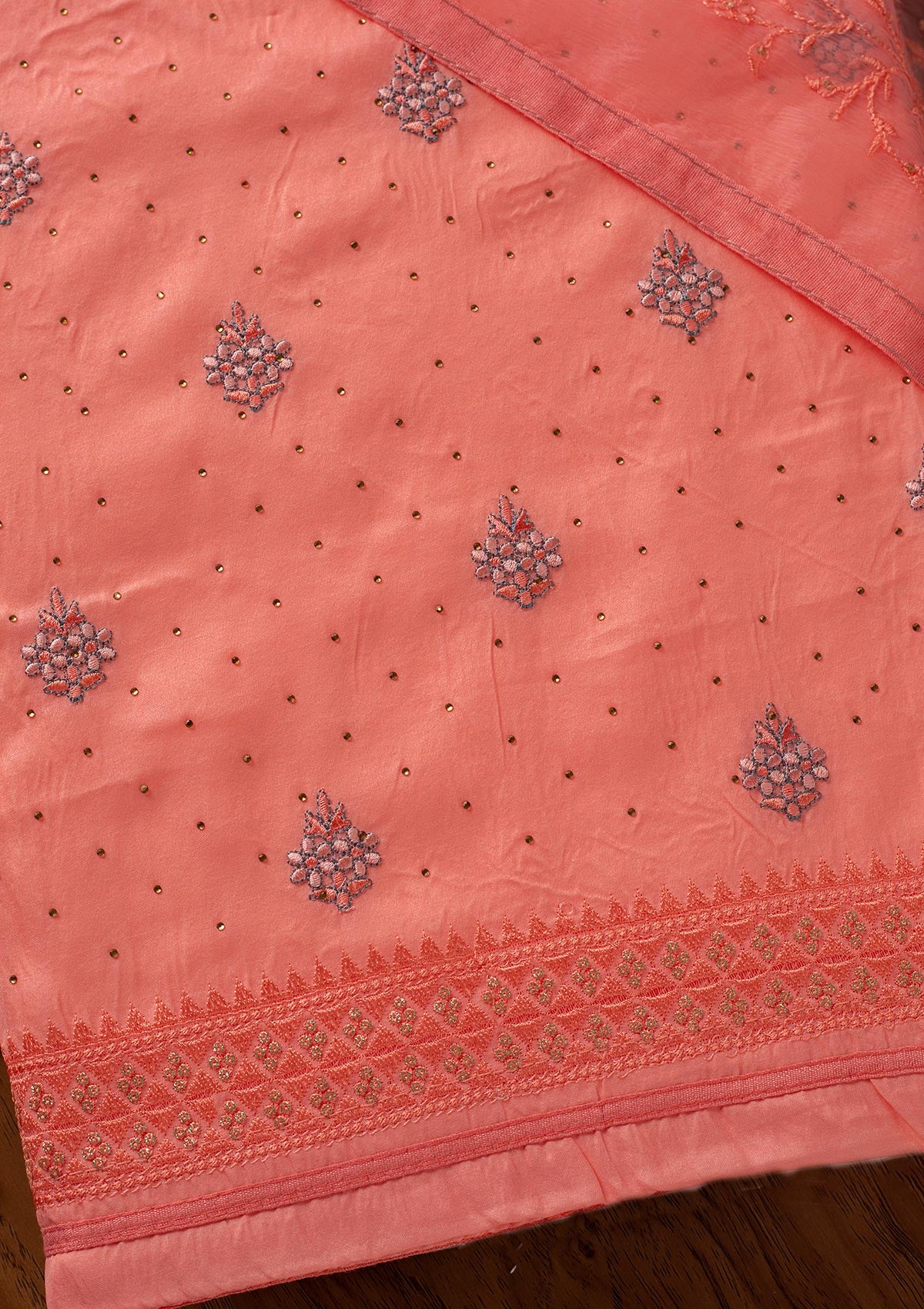 Baby Pink Threadwork Art Silk Designer Unstitched Salwar Suit - koskii