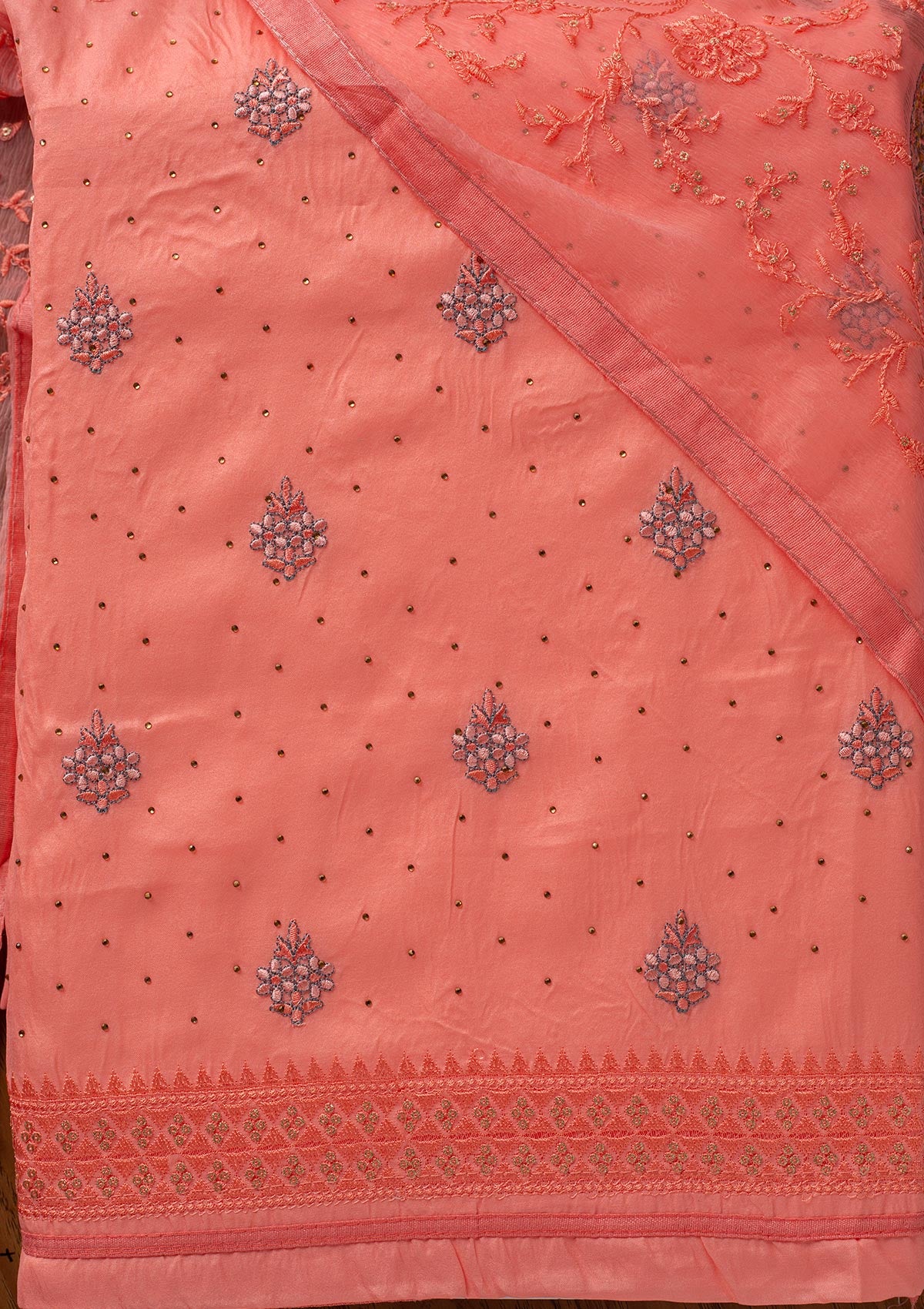 Baby Pink Threadwork Art Silk Designer Unstitched Salwar Suit - koskii