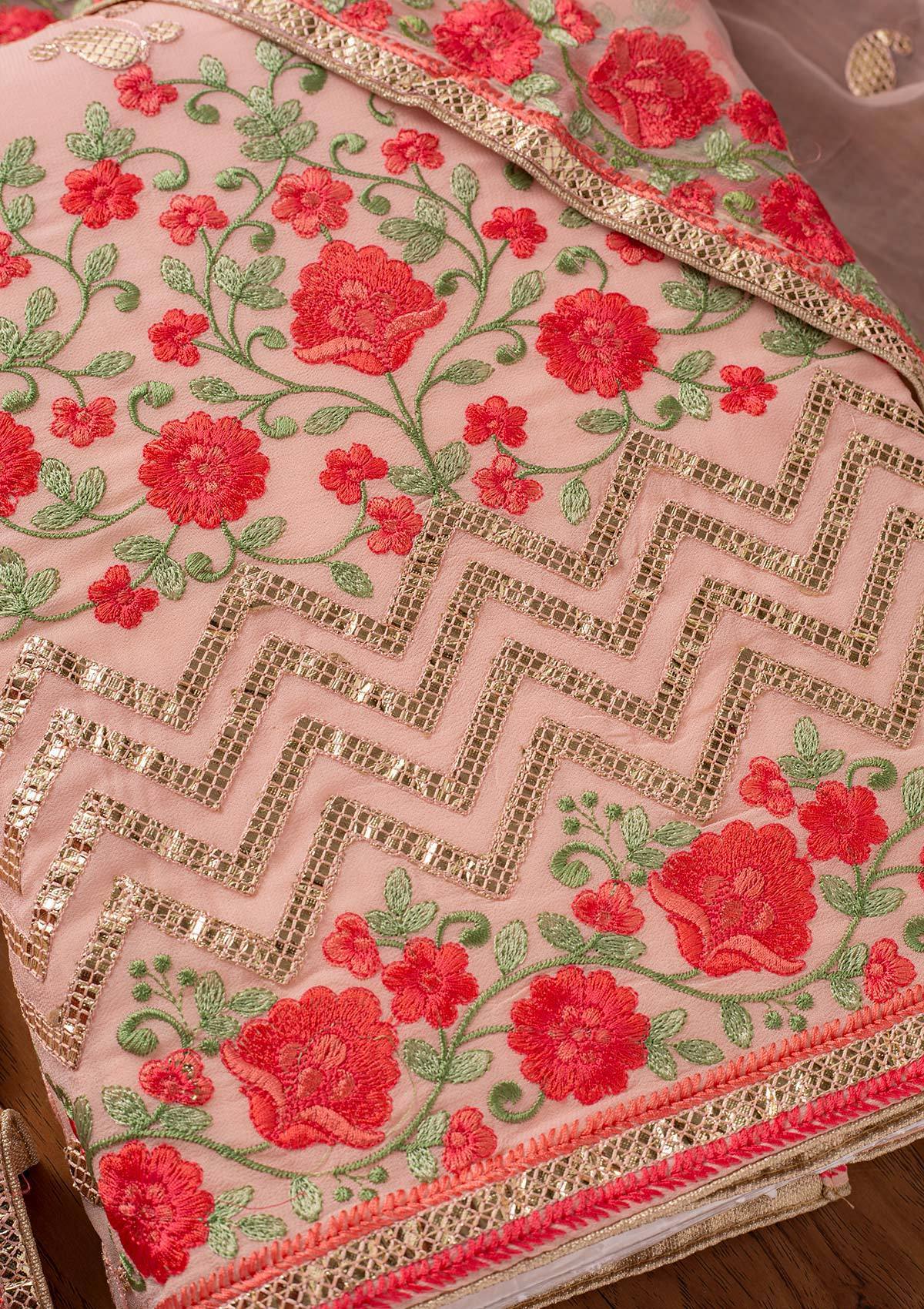 Baby Pink Threadwork Georgette Designer Unstitched Salwar Suit - koskii