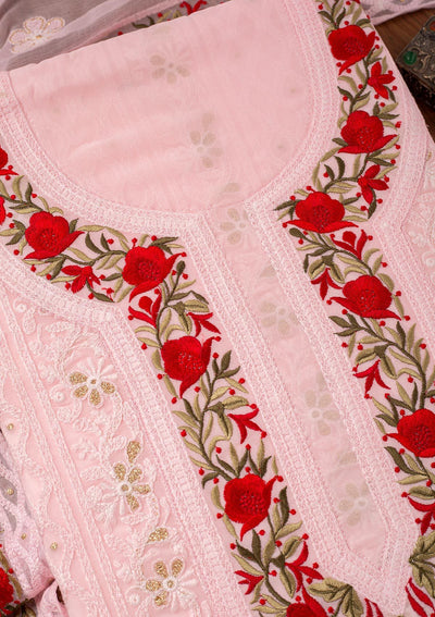 Baby Pink Threadwork Georgette Designer Unstitched Salwar Suit - koskii