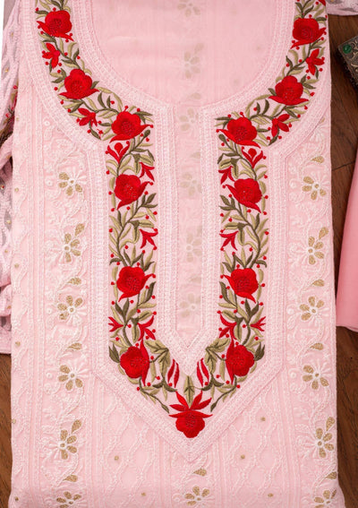 Baby Pink Threadwork Georgette Designer Unstitched Salwar Suit - koskii