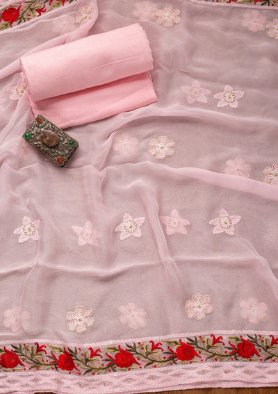 Baby Pink Threadwork Georgette Designer Unstitched Salwar Suit - koskii