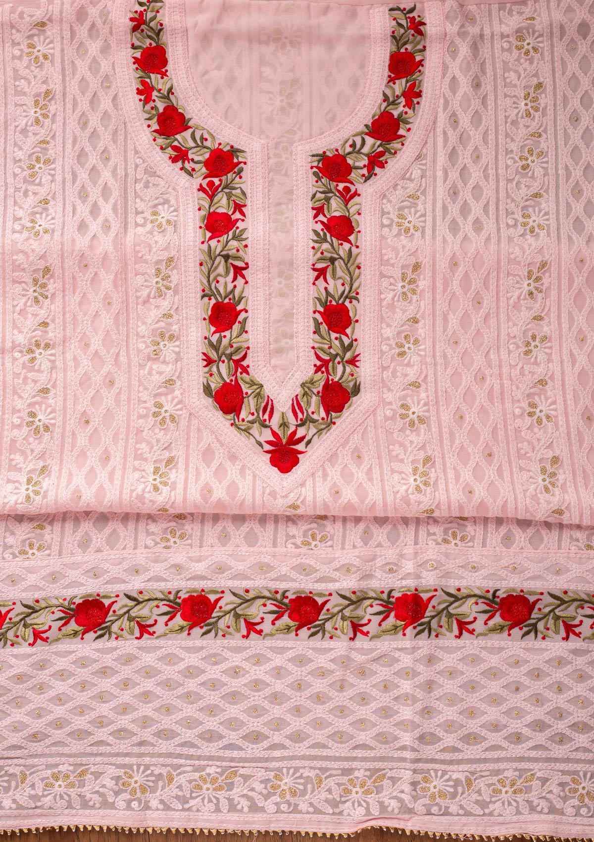 Baby Pink Threadwork Georgette Designer Unstitched Salwar Suit - koskii