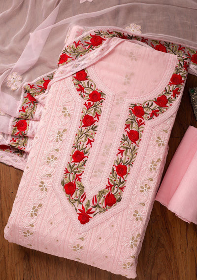 Baby Pink Threadwork Georgette Designer Unstitched Salwar Suit - koskii