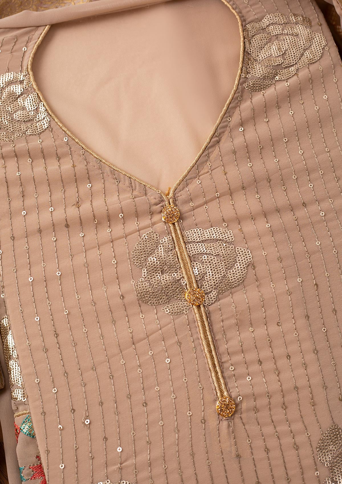 Beige Sequins Georgette Designer Unstitched Salwar Suit - koskii