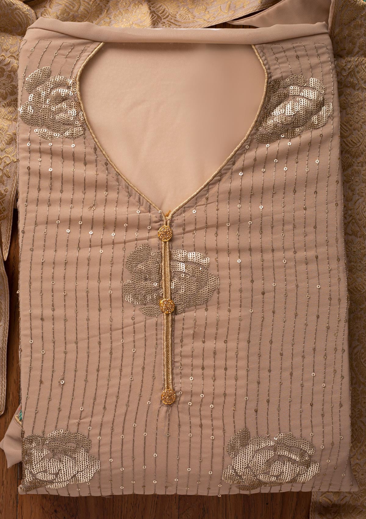 Beige Sequins Georgette Designer Unstitched Salwar Suit - koskii