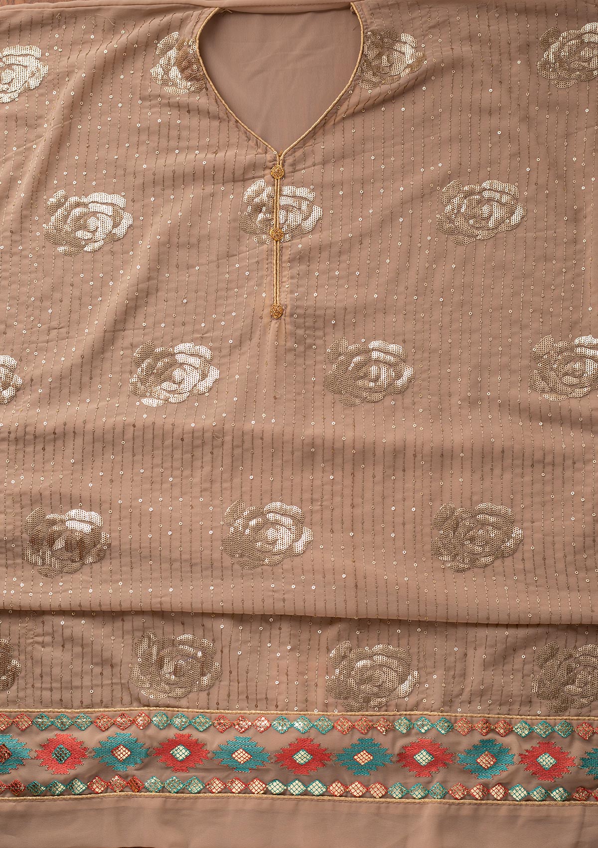 Beige Sequins Georgette Designer Unstitched Salwar Suit - koskii