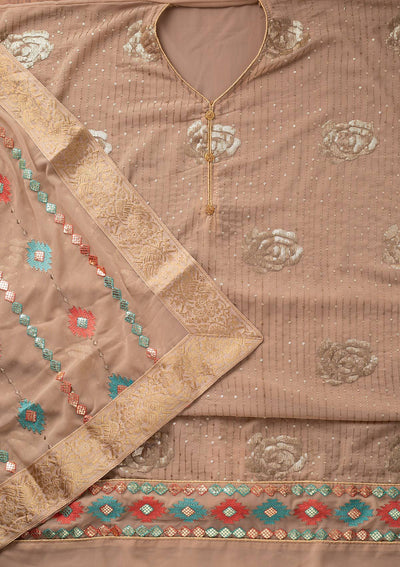Beige Sequins Georgette Designer Unstitched Salwar Suit - koskii