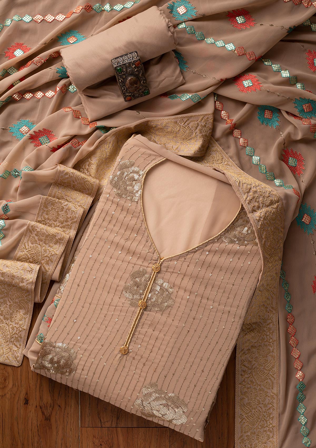 Beige Sequins Georgette Designer Unstitched Salwar Suit - koskii