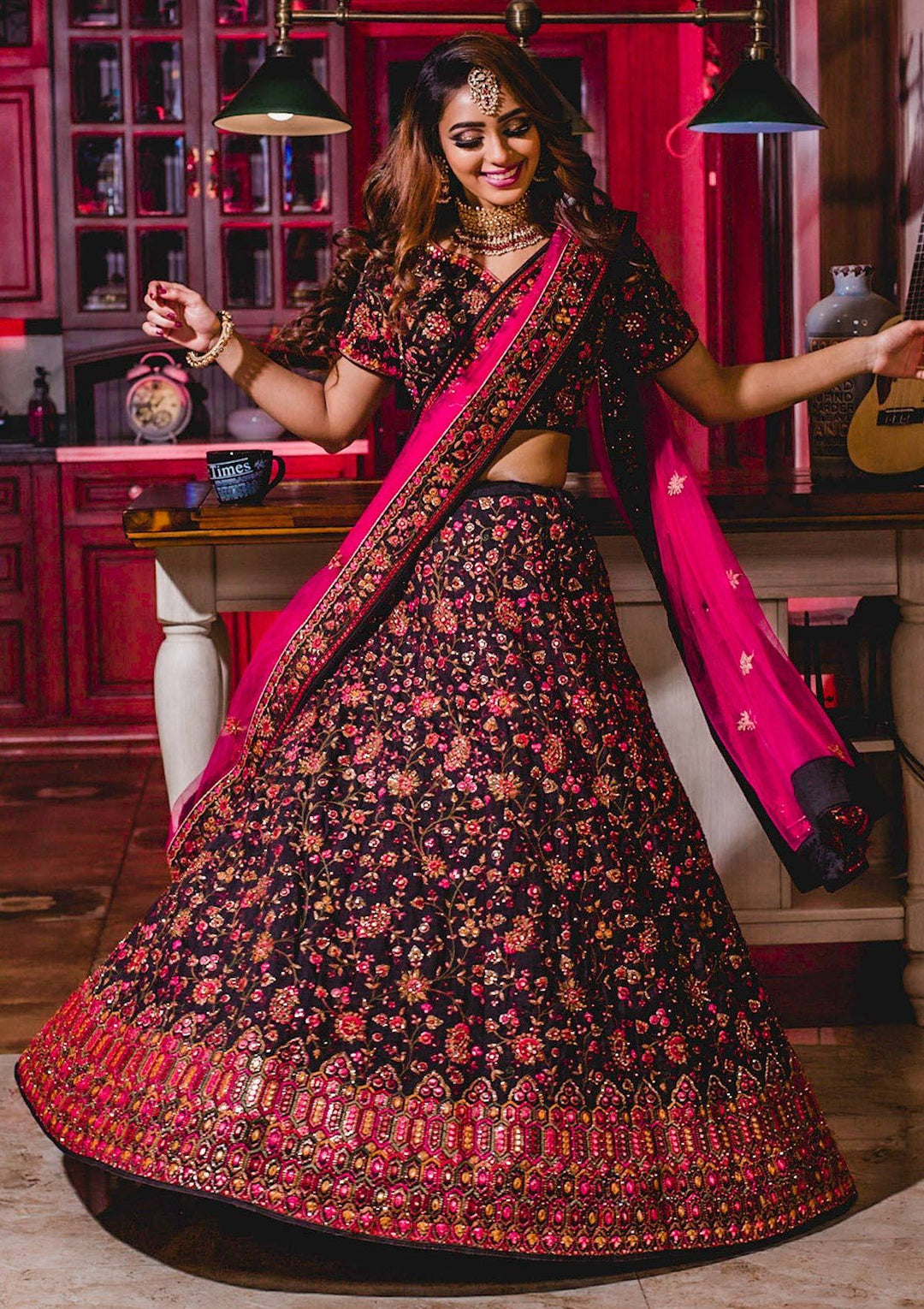 Black Chikankari Raw Silk Designer Lehenga - koskii