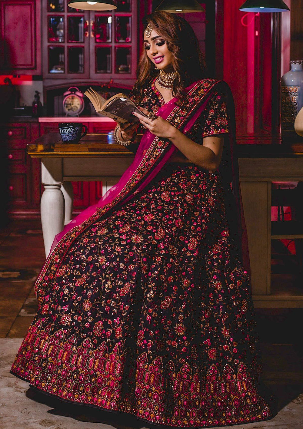 Black Chikankari Raw Silk Designer Lehenga - koskii