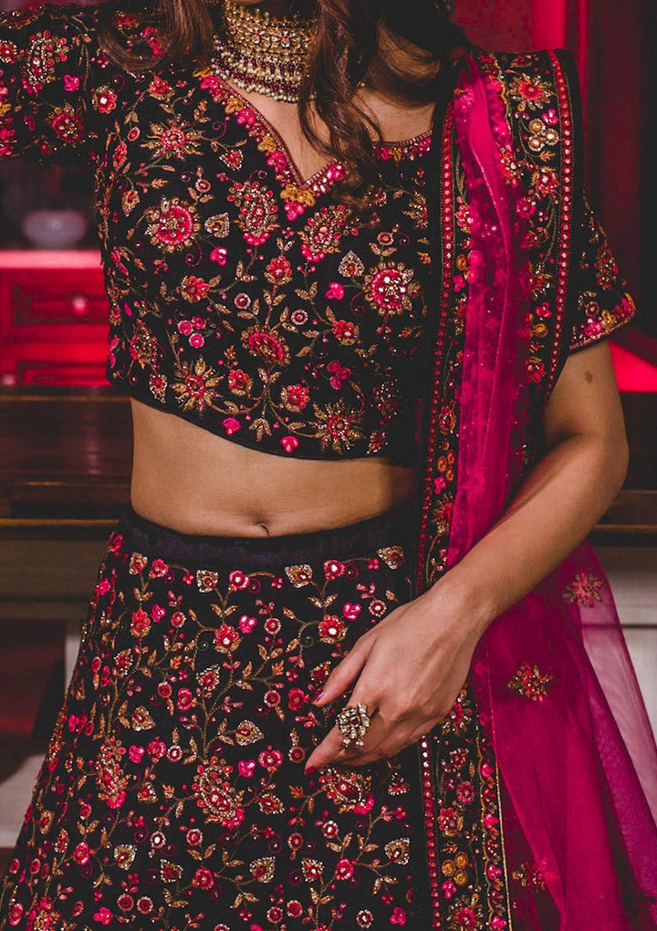 Black Chikankari Raw Silk Designer Lehenga - koskii