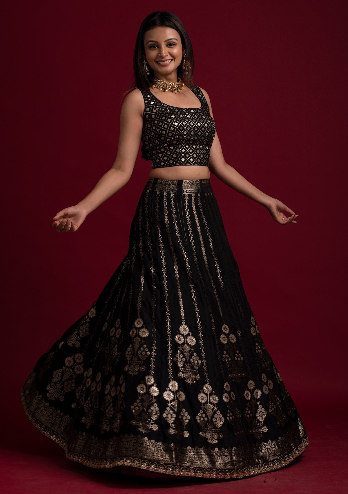 Black Gotapatti Banarasi Designer Semi-Stitched Lehenga - koskii
