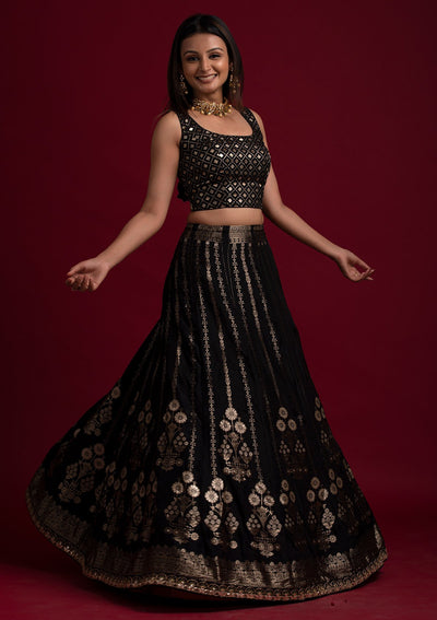 Black Gotapatti Banarasi Designer Semi-Stitched Lehenga - koskii