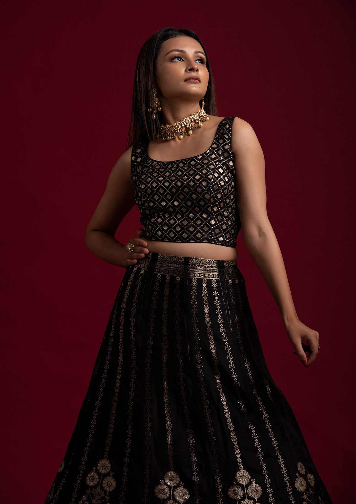 Black Gotapatti Banarasi Designer Semi-Stitched Lehenga - koskii