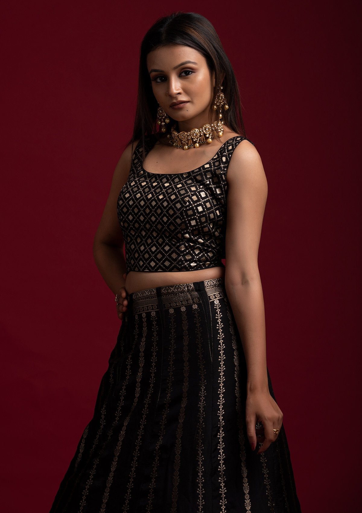 Black Gotapatti Banarasi Designer Semi-Stitched Lehenga - koskii