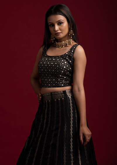 Black Gotapatti Banarasi Designer Semi-Stitched Lehenga - koskii