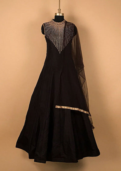 Black Stonework Taffeta Silk Designer Gown - koskii