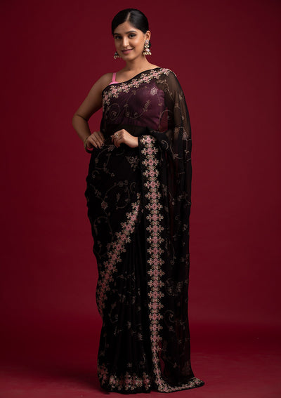 Black Swarovski Georgette Designer Saree - koskii