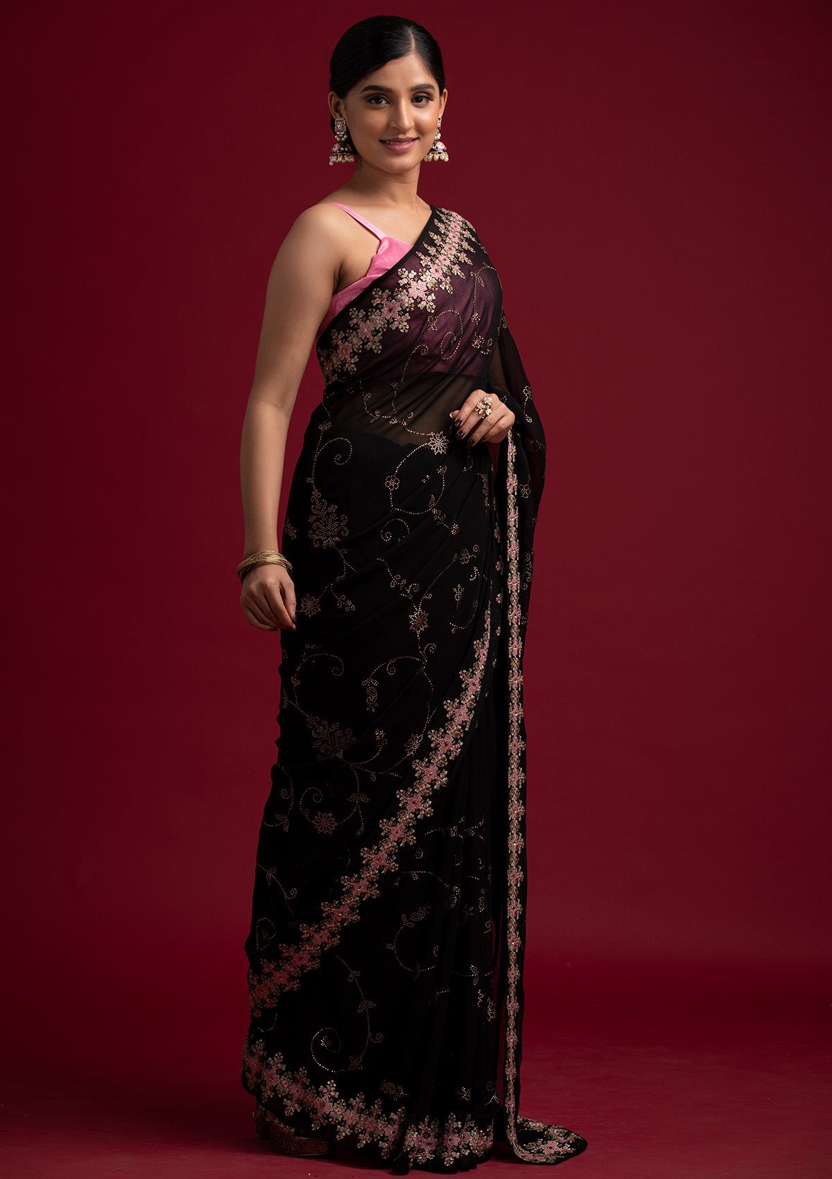Black Swarovski Georgette Designer Saree - koskii