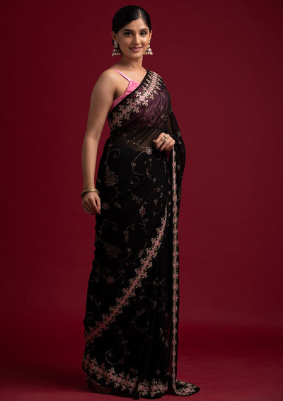 Black Swarovski Georgette Designer Saree - koskii