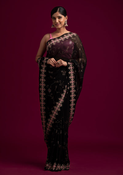 Black Swarovski Georgette Designer Saree - koskii