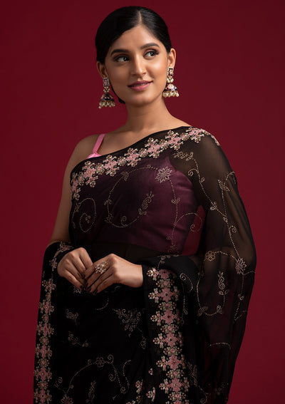 Black Swarovski Georgette Designer Saree - koskii