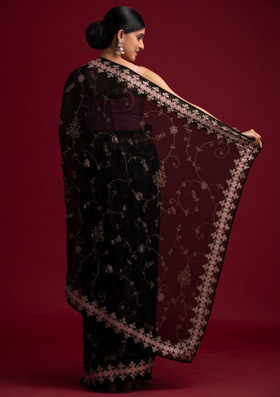 Black Swarovski Georgette Designer Saree - koskii