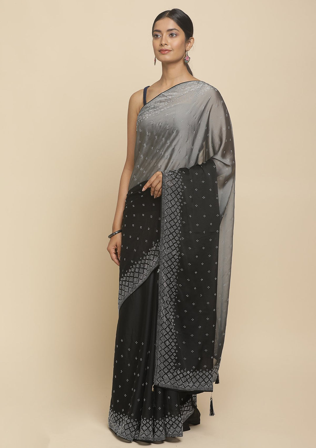 Black Swarovski  Satin Designer Saree - koskii