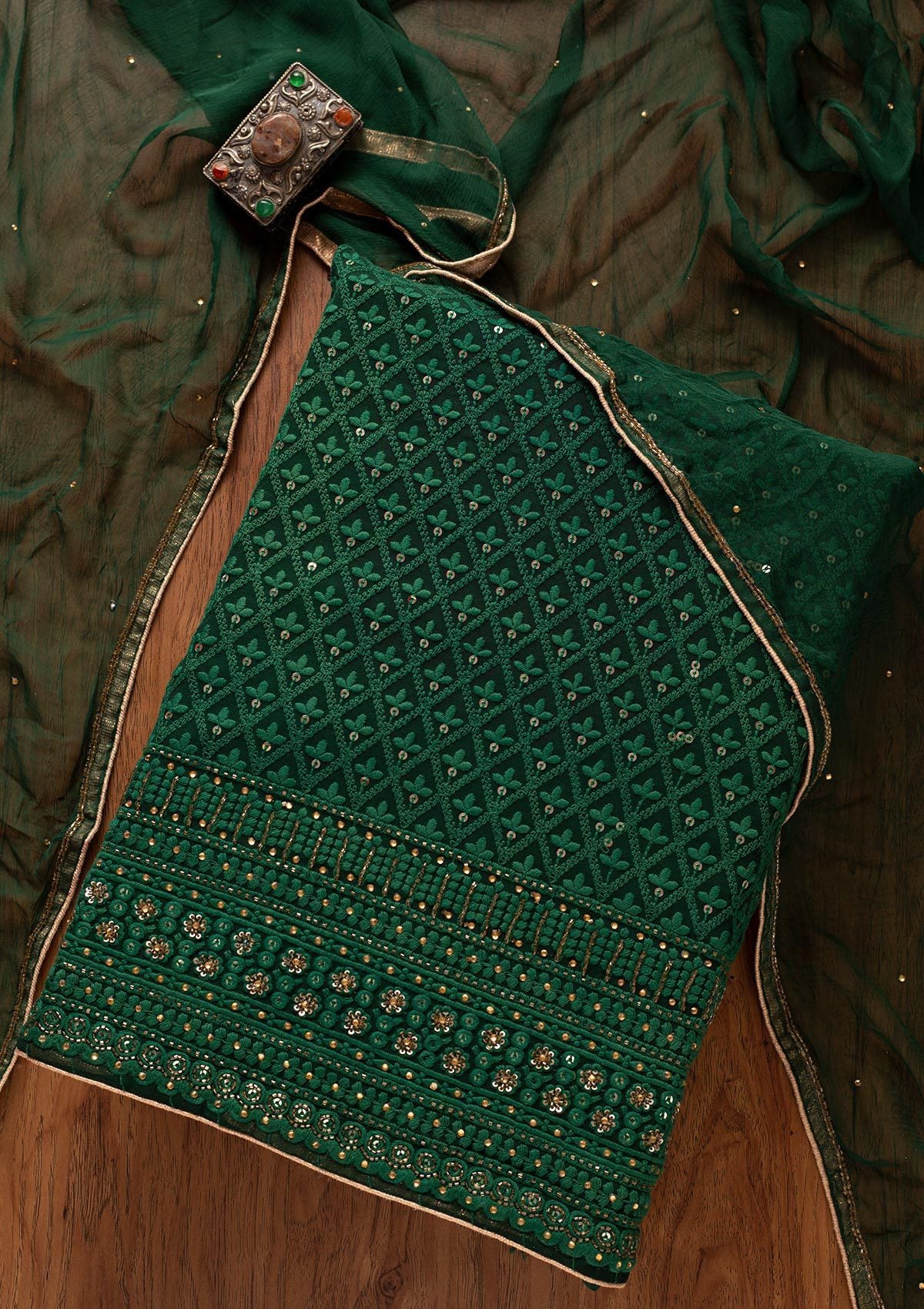 Bottle Green Chikankari Georgette Designer Unstitched Salwar Suit - koskii